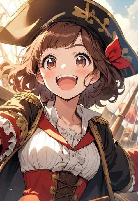 pirate girl,joyful,cheerful,curly hair,short hair,dark brown hair,pirate,dark hair