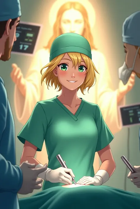 "Create an animated image of a blonde woman, short hair, with green eyes with a happy look, wearing a mask and a green surgical cap. She is in an operating room, performing an operation under the bright lights of the room. Behind her, the figure of Jesus a...