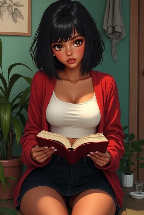 Create a Nicaraguan Latina girl , light caramel skin, with a square face and slightly masculine features , Wide nose , brown eyes , round lips, short hair ,fluffy and straight black color , small waist , small breasts , reading a book , dressed in a black ...