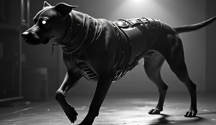 (Black and white:1.5) retro-futuristic photo of a bio-mechanical Rottweiler, half biological, half high-tech implants, metallic spine and glowing eye, poised for attack, full body, stark laboratory setting, (dramatic chiaroscuro lighting:1.4), low angle sh...