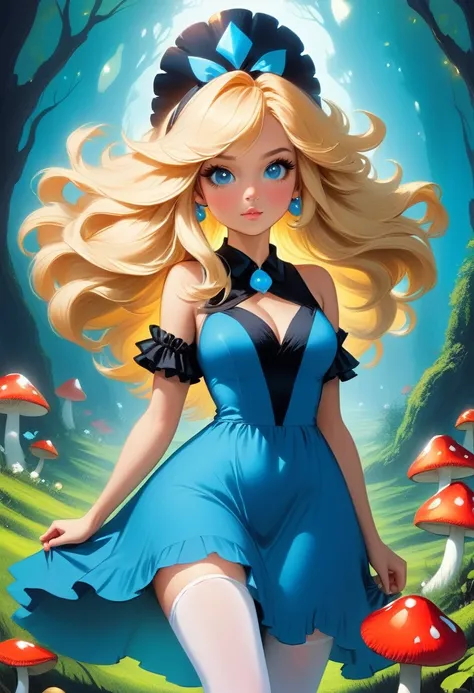 a beautiful 20 year old blonde woman with big messy hair in a blue dress, white stockings, black headband, cleavage, holding a glowing mushroom, fantasy art style, rossdraws cartoon vibrant, alice x. zhang, alice in wonderland cyberpunk, cute detailed digi...