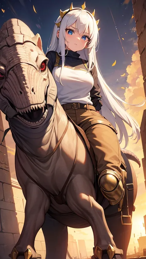 masterpiece, beauty, ultra quality, complete absurdity, 8K Cute Girl Riding Dinosaur, sign of welcome, 
Young woman, long hair, White hair, blue eyes, dug up, pants, boots, construction, cutie, looking at the viewer, 
Tyrannosaurus rex, huge, formidable, l...