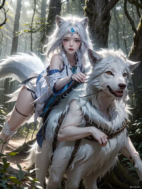 create a detailed and mystical image of san, the protagonist from princess mononoke,(( riding a large, white wolf through a dens...