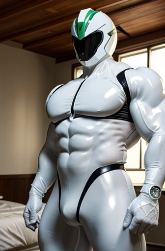 helmet wearing green Power ranger armor green latex only in latex helmet white angry screaming up has now more massive musculature starts glowing cause drinked mystery potion cause his muscles is going bigger and more muscular in labolatory full of potions...