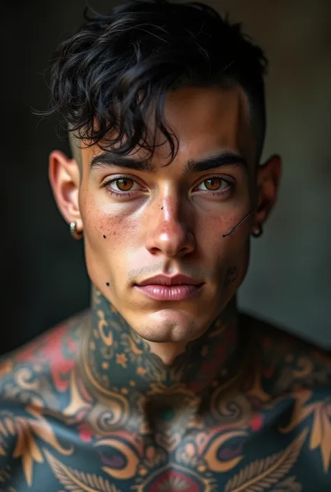 a 20-year-old American boy, thin and muscular, and covered in tattoos. He is tall, has cropped dark black-brown hair, deep brown eyes, a charming white smile, and a deep dimple on his left cheek. He also has a cut on one of his eyebrows.
