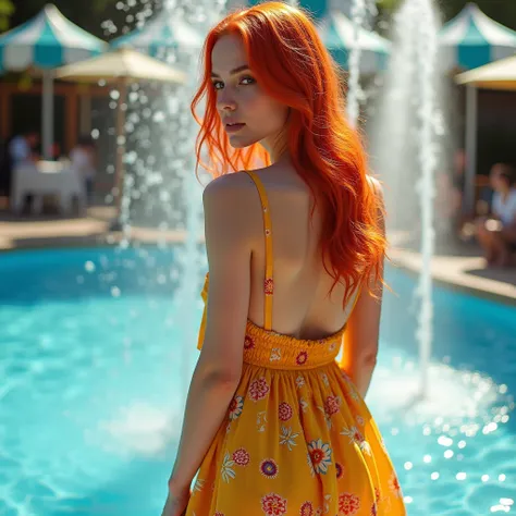 beautiful CARAMEL RED HAIR short loose dress at the water fountain , fluorescent leather gold blue transparent floral background skin , Neon Light Amusement Park Balloon Sunny Day