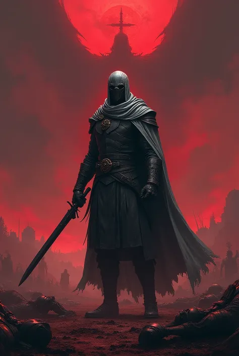 Bloody Sky，Wearing dark leather armor，Wearing a mask of vicissitudes，Holding a black short blade，Wearing a silver-grey cape，There is a huge shadow of a god behind，There are countless corpses under my feet