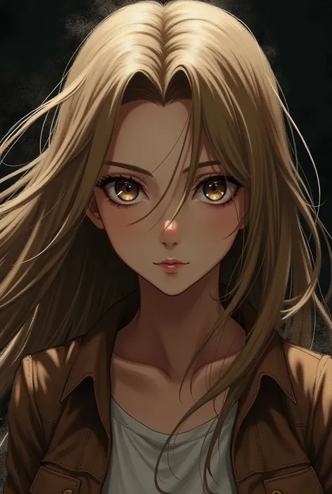 Attack On Titan Art style. A girl with loght brown long hair. Long lashes and hazel colored eyes.