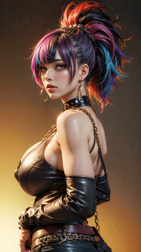 Professional:1.6 model girls, (最high quality, 4K, 8k, High resolution, masterpiece:1.2), Ultra-detailed, Realist, Punk Style, Punk Fashion, ((Upper body portrait)), Spiked clothing, Chain Accessories, Rebel pose, Mohawk Alto,  Flashy rainbow hair, Nervous ...