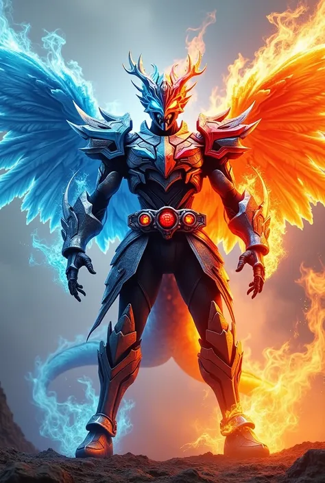 Create a Kamen Rider whose armor is based on an ice dragon and a fire phoenix with a red transformation belt with two small tubes on the side of the buckle..