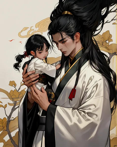 Set in wuxia world setting. A black hair male dayan military general wearing black robe with gold thread embroidery, look fondly at his black hair little male sweetheart that is a doctor and wearing white robe.