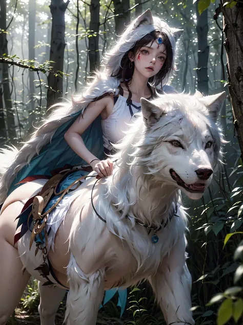 Create a detailed and mystical image of San, the protagonist from Princess Mononoke,黒い髪,(( riding a large, white wolf through a dense)), ancient forest. The scene should capture the magical and ethereal atmosphere of the forest, with tall, moss-covered tre...