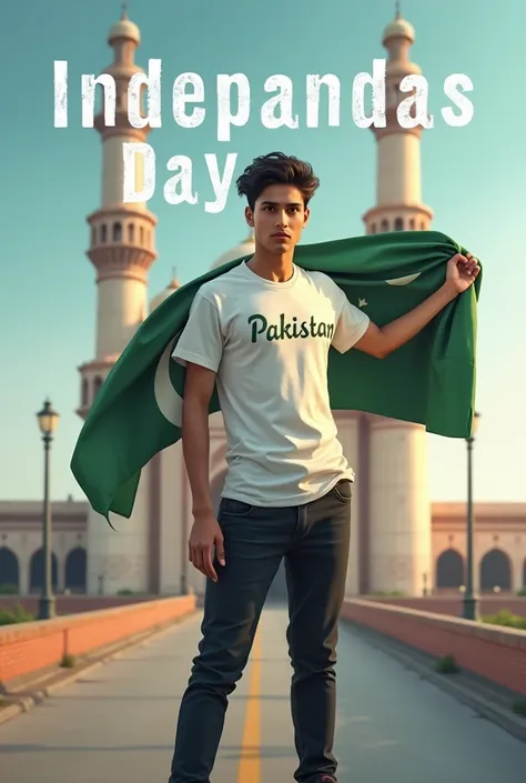 Generate a realistic  20 year old boy, wearing white casual shirt and black jeans and sneakers and the name "Mateen Ansari" and written on his shirt and boy is Standing  on the road with holding a national flag of Pakistan, and behind him is the badshahi m...