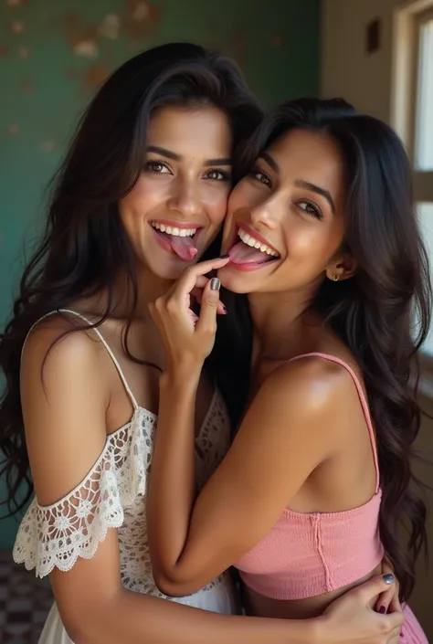 Two beautiful cute real 18 years Bangladeshi girl. One girl stick out her tongue. another girl bite another girls Tongue . 8k. They has boobs and pussy 
