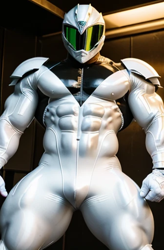 no skin focus on only latex helmet wearing full green Power ranger armor green latex only in latex helmet white angry screaming up has now more massive musculature starts glowing cause drinked mystery potion cause his muscles is going bigger and more muscu...