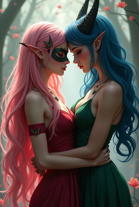 A lesbian couple,  made up of an elf with long pink hair,  dressed in a beautiful red dress, and with a velvet mask, His partner is a tall female figure, blue-haired, has dragon horns, green and feminine eyes  