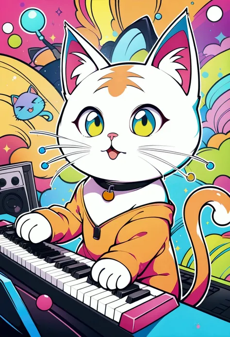 1cat, Meme, Keyboard Cat, cute cat, cartoon cat, funny cat, cat playing keyboard, colorful background, digital art, vector illustration, vibrant colors, bold colors, whimsical, humorous, meme style, internet culture, pop art, (4k,8k,highres:1.2), ultra-det...