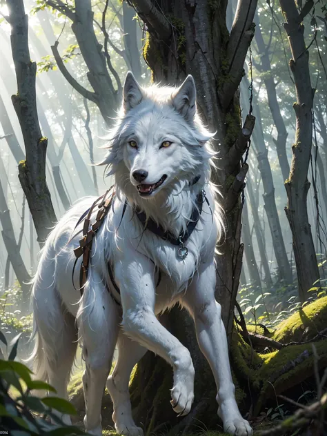 create a detailed and mystical image of san, the protagonist from princess mononoke,黒い髪,(( riding a large, white wolf through a ...