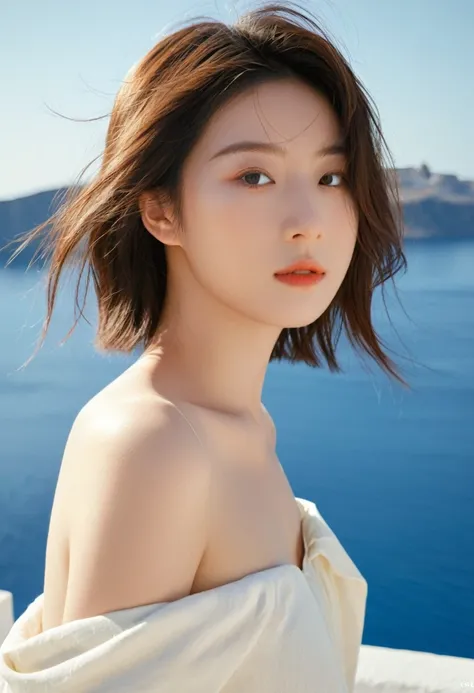 prompt:  Over-the-shoulder shot, Photo of super cute 20 year old Japanese supermodel, eye level shot, taken from about 1m away from them, daytime, background: Santorini, ultra realistic, realistic skin texture, natural look, vibrant sunlight highlighting f...