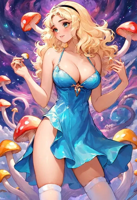 a beautiful 20 year old blonde woman with big messy hair in a blue dress, white stockings, black headband, cleavage, holding a glowing mushroom, fantasy art style, rossdraws cartoon vibrant, cute detailed digital art, colorfull digital fantasy art, digital...