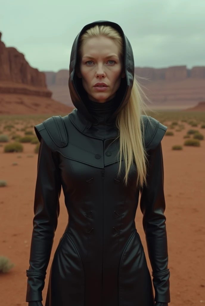 Frances Conroy in a sci-fi alien outfit in a landscape of mars in a dark fantasy style, realistic, cinematic, obscure