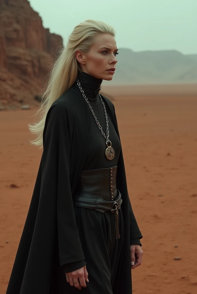 Frances Conroy in a sci-fi alien outfit in a landscape of mars in a dark fantasy style, realistic, cinematic, obscure