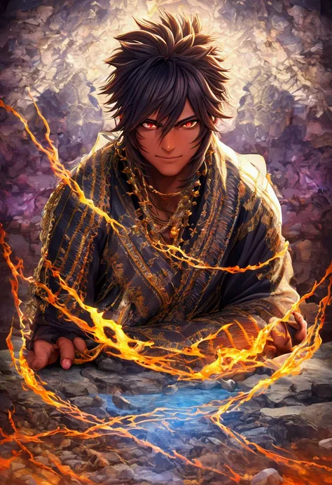 a young man, 15 years old, god of fire, ebony skin, muscular, fire hair, flowing hair, bright eyes, iris-free, shy, big smile, embarrassed, pirate long sleeve shirt, round face, anime style, (best quality,4k,8k,highres,masterpiece:1.2),ultra-detailed,(real...