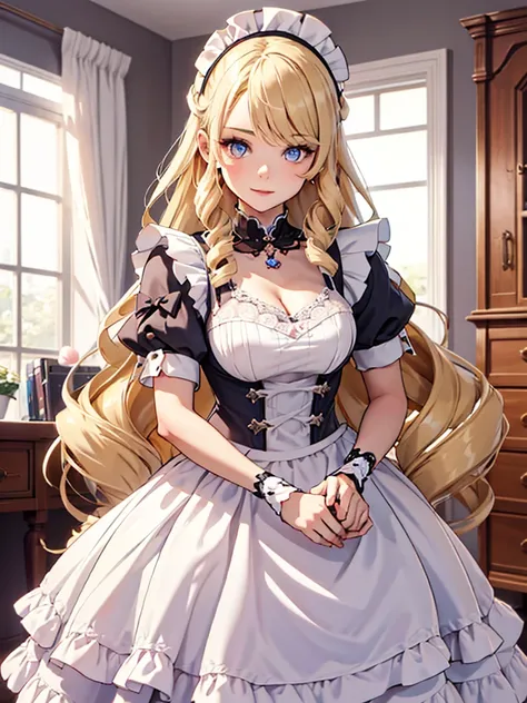 (Navia), 1girl, as a maid, wearing a maid outfit, at a home, blonde hair, 8k, high detailed, high quality