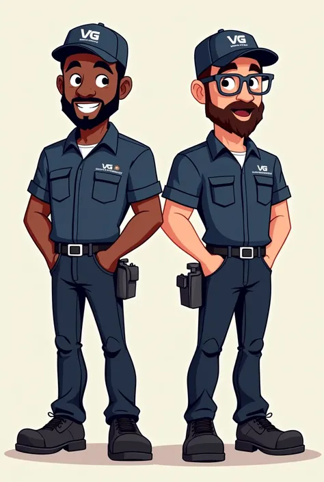 Cartoon Style Illustration: Two air conditioning technicians side by side.
First Technician: dark-skinned, with beard, wearing a cap and a dark blue t-shirt with the inscription "VG Air Conditioning" in the right side pocket. He also wears black pants and ...