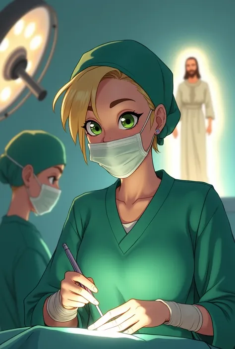 "Create an animated character of a blonde woman, but with masculine features, short hair but not so noticeable, with green eyes with a happy look, wearing a biosecurity mask and a green surgical cap. She is in an operating room, performing an operation und...