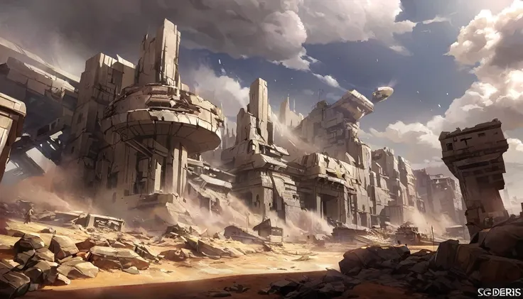 A scenery of a ruined city, derbis and clouds of dust everywhere, sci-fi