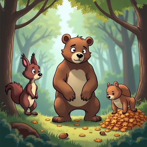 "Benny the bear crouching down and spotting a shiny acorn under a pile of leaves. A worried squirrel stands beside him, anxiously watching as Benny reaches for the acorn."