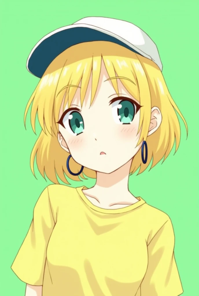 nomura tetsuya, masterpiece, best quality, 1girl, aqua eyes, baseball cap, blonde hair, closed mouth, earrings, green background, hat, hoop earrings, jewelry, looking at viewer, shirt, short hair, simple background, solo, upper body, yellow shirt 