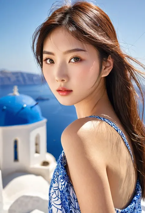 prompt:  Over-the-shoulder shot, Photo of super cute 20 year old Japanese supermodel, eye level shot, taken from about 1m away from them, daytime, background: Santorini, ultra realistic, realistic skin texture, natural look, vibrant sunlight highlighting f...