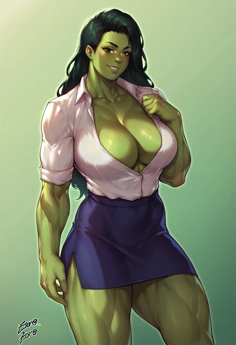 score_9, score_7_up 1girl, solo, she-hulk, cleavage, muscular, collared shirt, skirt, presenting, green skin, black hair,
