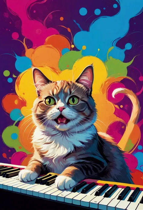 1cat, Meme, Keyboard Cat, cute cat, cartoon cat, funny cat, cat playing keyboard, colorful background, digital art, vector illustration, vibrant colors, bold colors, whimsical, humorous, meme style, internet culture, pop art, (4k,8k,highres:1.2), ultra-det...