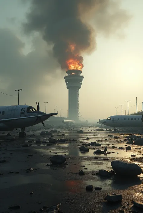 Airport runway, Destroyed planes and burned tower 