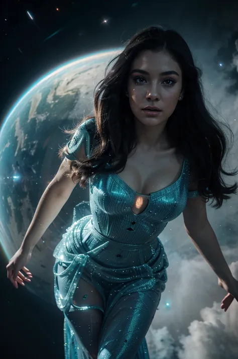 A beautiful woman twerking in space, long flowing dress, detailed face, beautiful eyes, detailed lips, long eyelashes, highly detailed, cinematic lighting, volumetric fog, nebula background, bioluminescent energy, dynamic pose, hyperrealistic, photorealist...