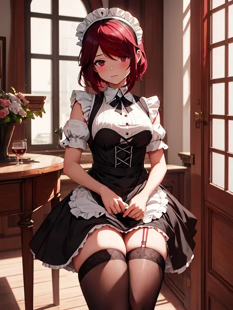 (rosaria), 1girl, as a maid, wearing a maid outfit, at a home, dark red colour short hair, 8k, high detailed, high quality