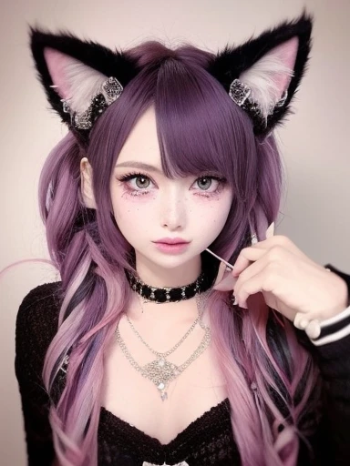 Create a highly detailed and realistic illustration of Catwoman (Cat girl). Characters should have large, expressive eyes，With a little anime style, The freckles on her cheeks, And soft makeup. Her hair should be a mix of dark purple and pink, Slightly mes...