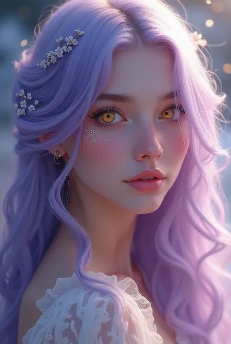  young woman with golden eyes and lavender hair