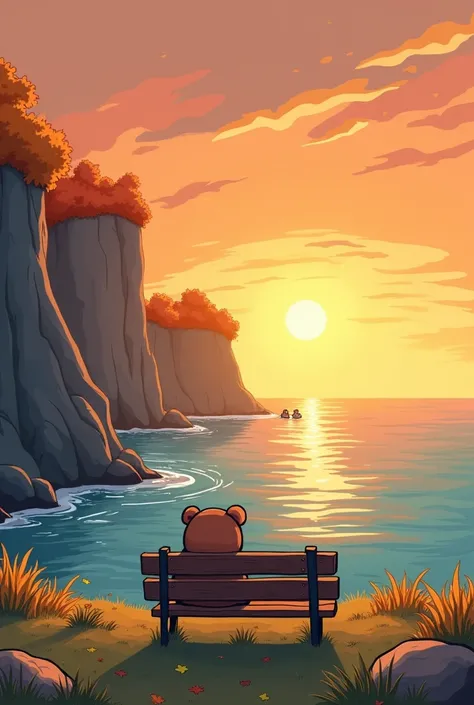 The picture shows a scenery in comic cartoon style. You can see a long cliff, below the reef with water. There is a bench in the middle of the picture, but a little away from the cliff - autumnal sunset - on the bench sits a little chibi bear and looks sad...