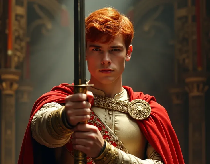 18 year old young man with short red hair and sword in hand being anointed king and symbolic images of his reign