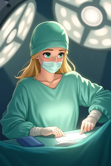 "Create an animated character of a blonde woman,  wearing a surgical cap that covers 98% of her hair, with green eyes and a happy look, using biosecurity masks  . She is ALONE in an operating room, performing an operation under the bright lights of the roo...