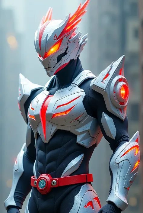 Create a Kamen Rider whose armor is based on an ice dragon and a fire phoenix with a red transformation belt with two small tubes on the side of the buckle.. With simple and minimalist style with a gray base, but with red and light blue details with a smal...