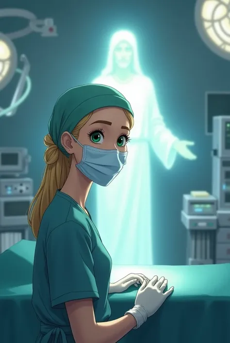 "Create an animated character of a blonde woman,  wearing a surgical cap that covers all of his hair, with green eyes and a happy look, Remember you must wear a biosecurity mask. In the picture she is ALONE in the operating room, performing an operation un...