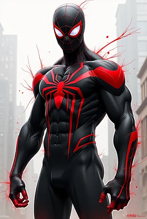 styled: drawning, Spiderman in black and red uniform, 