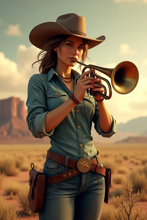 Cowgirl playing horn 