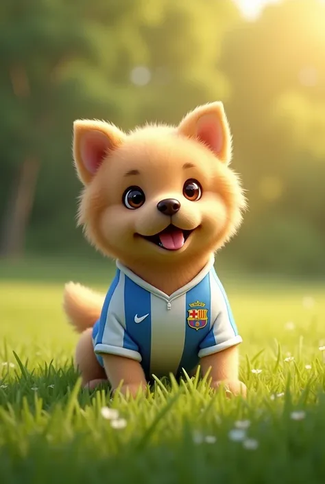 A small golden dog wearing a Messi shirt from the Argentine national team and on the green grass