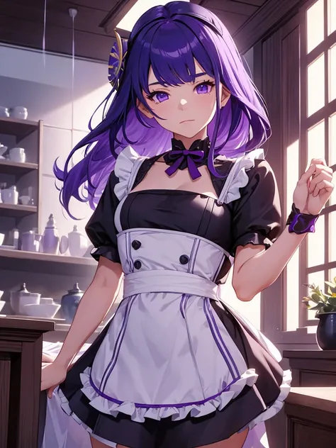 (raiden shogun), 1girl, as a maid, wearing a maid outfit, at a home, purple colour hair, 8k, high detailed, high quality